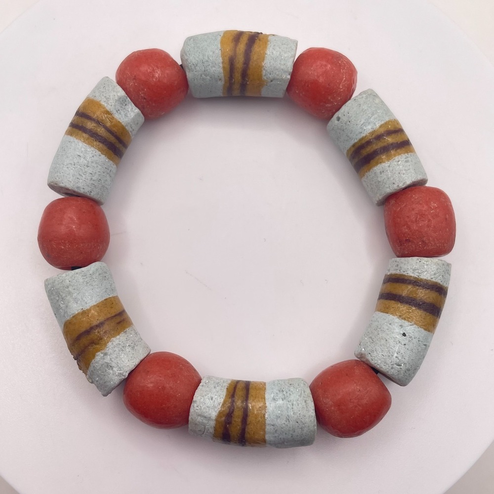 Vintage African Trade Bead Stretch Bracelet Terracotta Red Grey Boho Tribal